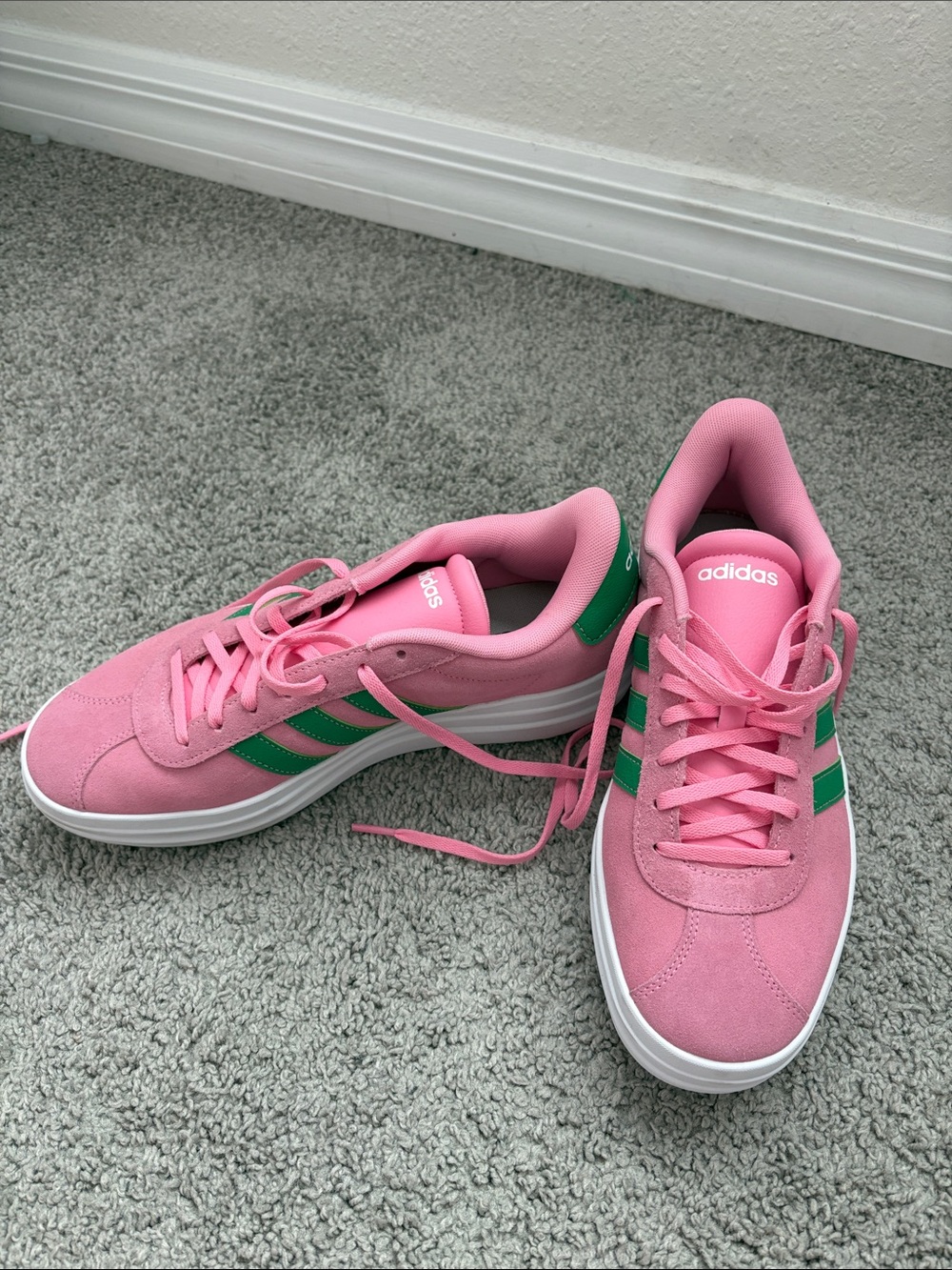 adidas Pink Suede Sneakers with Green Stripes